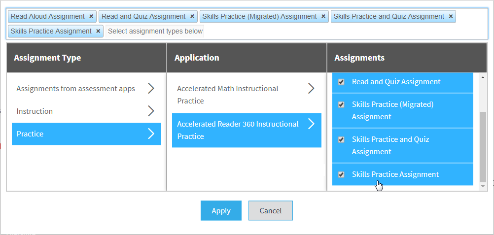 options available for Accelerated Reader 360 Instructional Practice