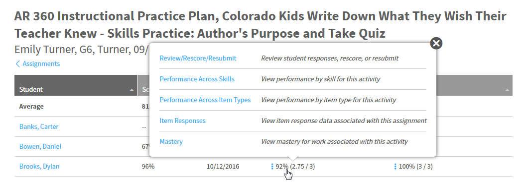 the options available when you select a student score