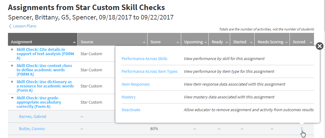 the options available when you select the number in a student's Scored column