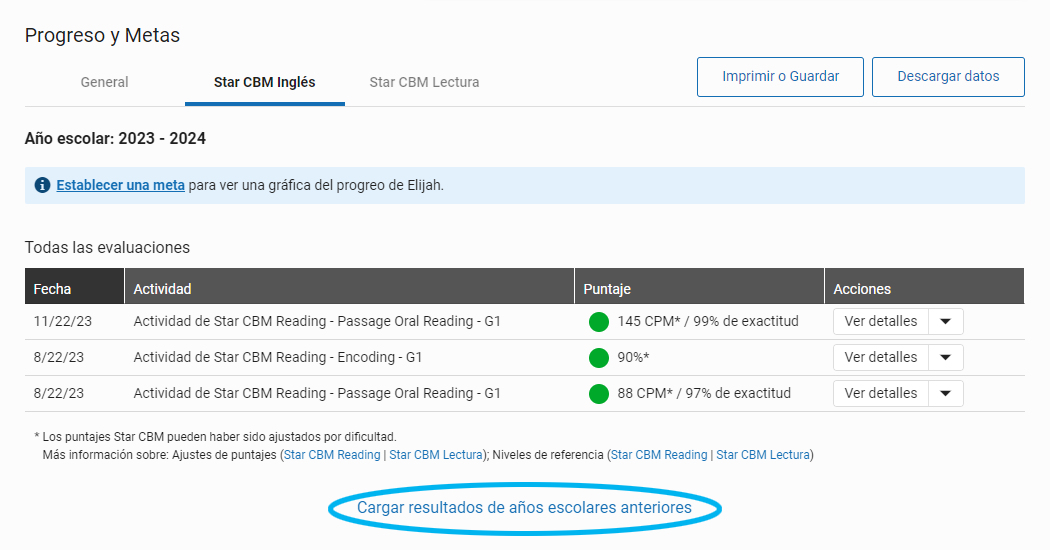 seleccione Cargar resultados de años escolares anteriores