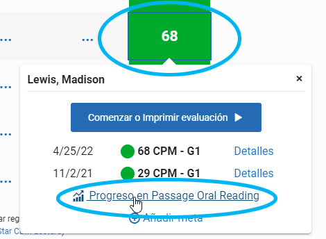 ejemplo de ventana emergente de puntajes y el vínculo de la progresión en la medición