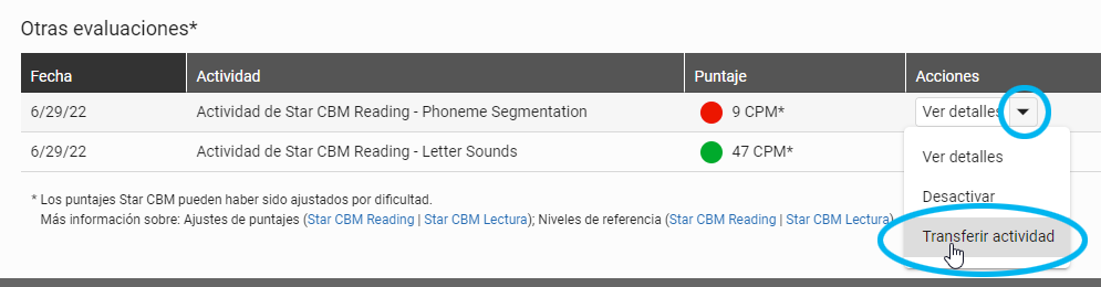 seleccione la flecha junto a Ver detalles, luego seleccione Transferir actividad en el menú
