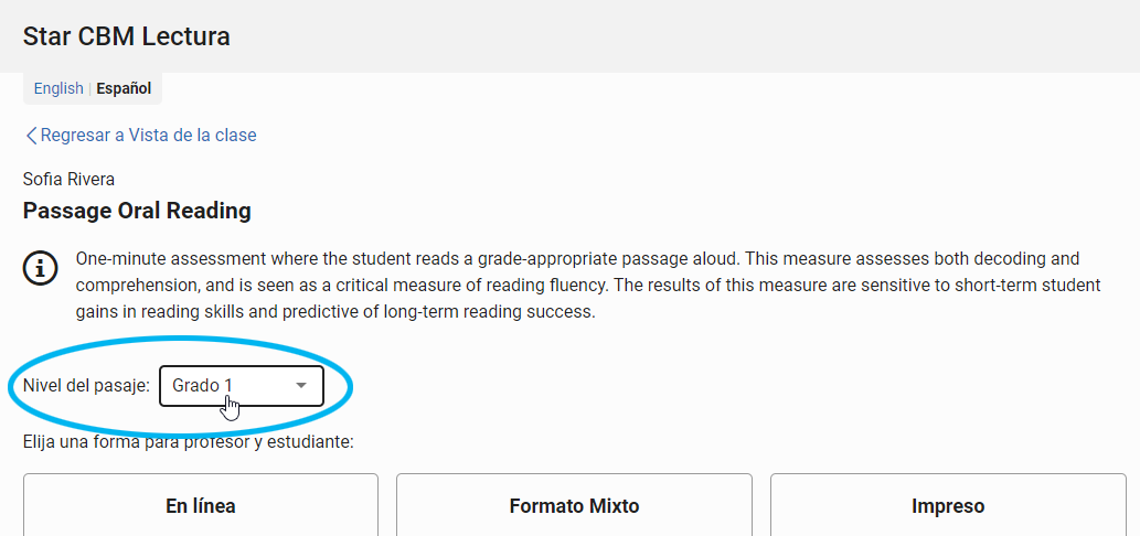 en el caso de Pasajes para lectura en voz alta, seleccione el nivel de grado del pasaje