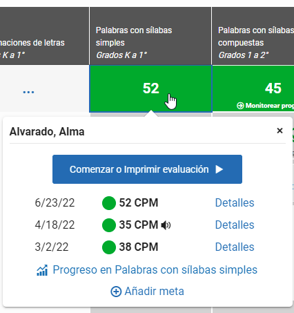 seleccione un puntaje en la tabla para ver los puntajes anteriores que el estudiante obtuvo en una medición