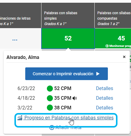 seleccione el nombre de la medición en la ventana emergente para ver la tabla de mediciones