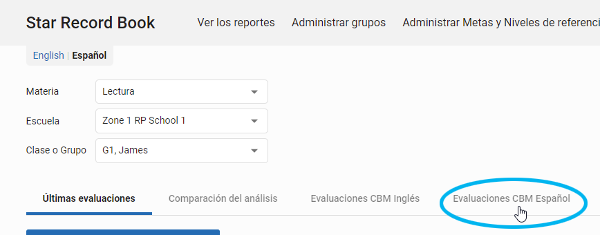 seleccione la pestaña Evaluaciones CBM Español