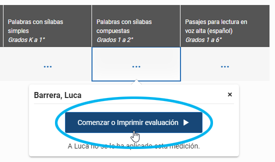 seleccione la celda del estudiante y la medición, luego seleccione Comenzar o Imprimir evaluación