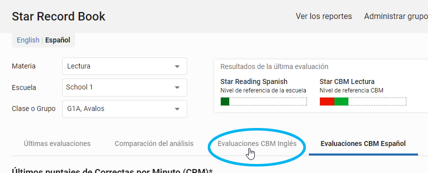 seleccione la pestaña Evaluaciones CBM Inglés