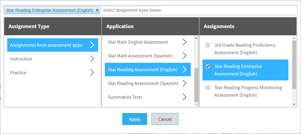 the options under assignments from assessment apps