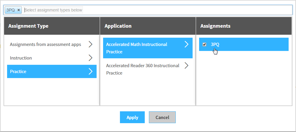 assignment options under Accelerated Math Instructional Practice