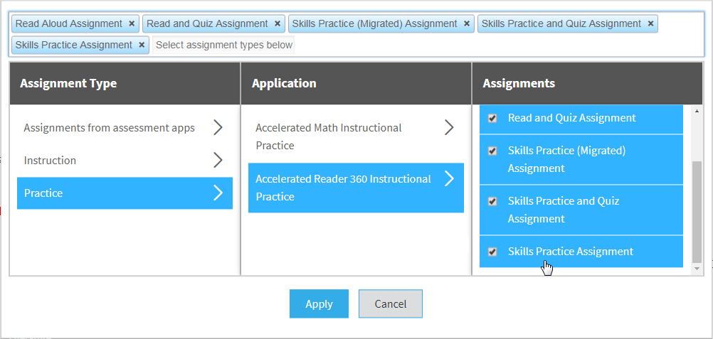 options under Accelerated Reader 360 Instructional Practice