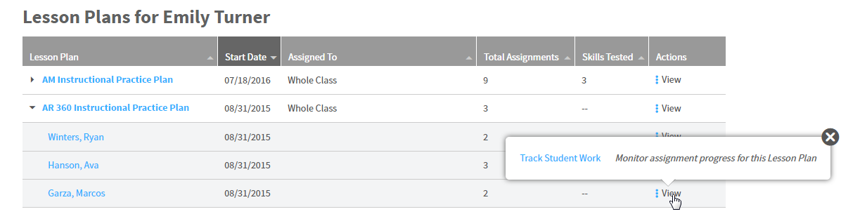 example of the students under a plan with the View and Track Student Work options