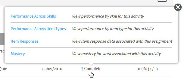 the options available when you select Complete