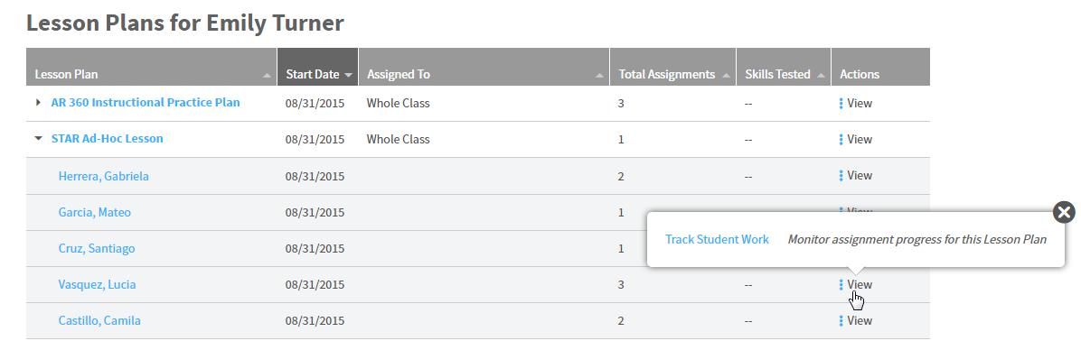 the View and Track Student Work options