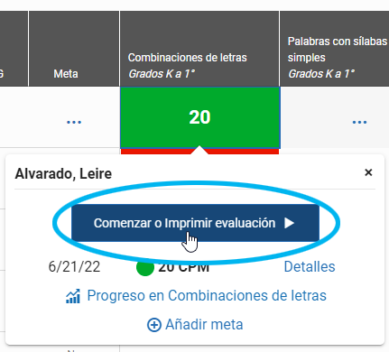 seleccione un puntaje; después seleccione Comenzar o Imprimir una evaluación