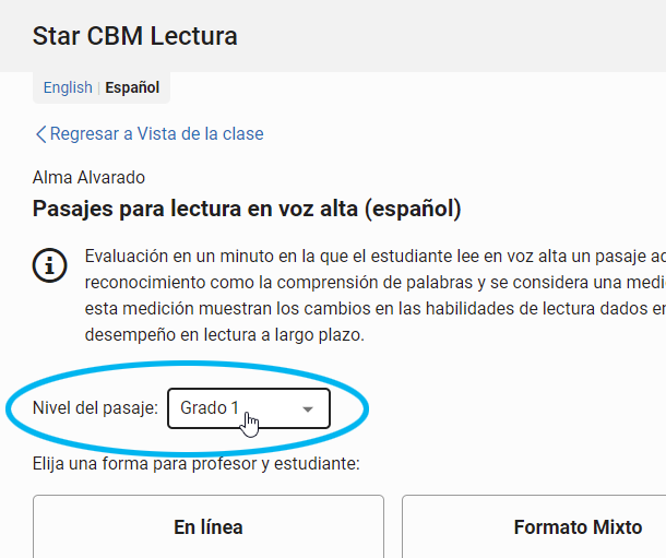 seleccione un grado para Pasajes para lectura en voz alta español
