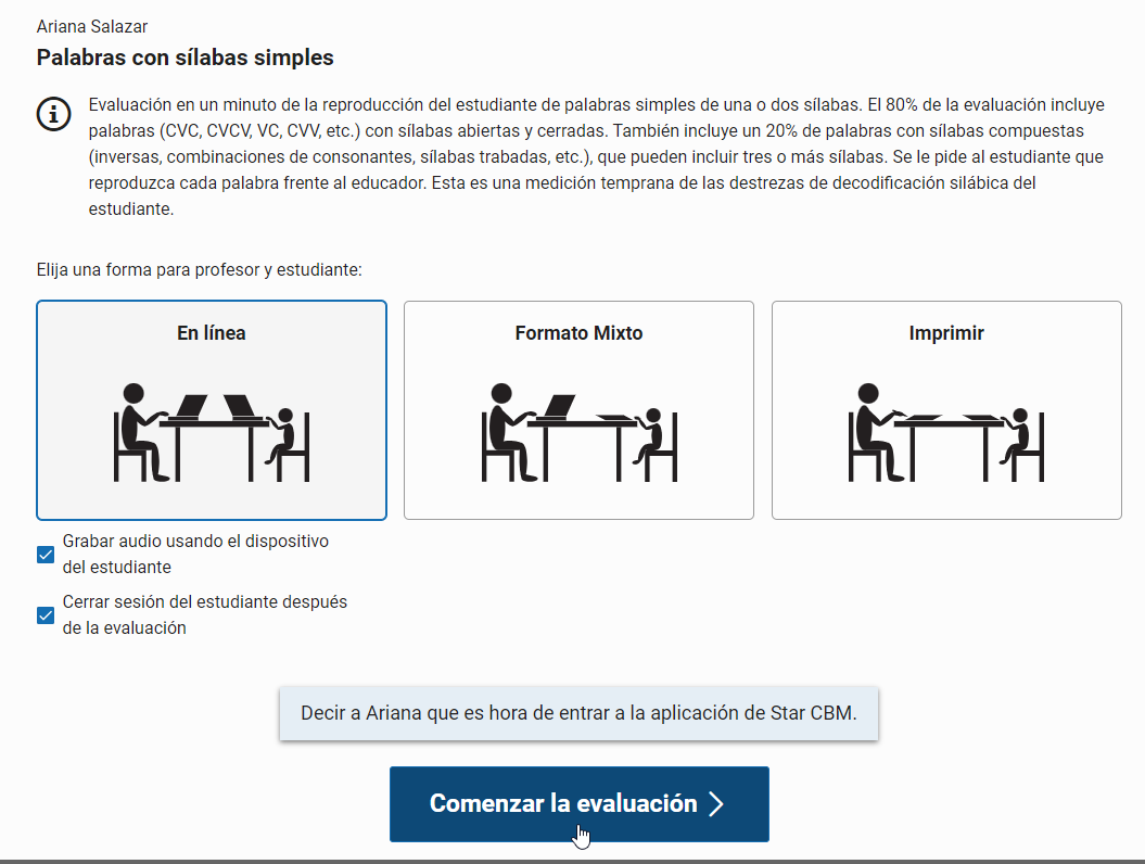 seleccione Comenzar la evaluación