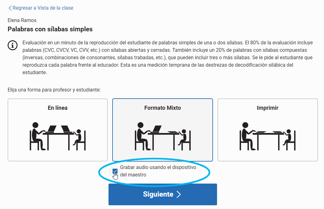 la opción de Grabar audio para las evaluaciones de formato mixto