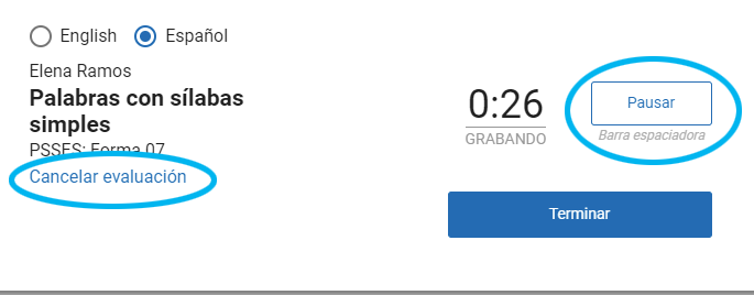 las opciones de Pausar y Cancelar evaluación