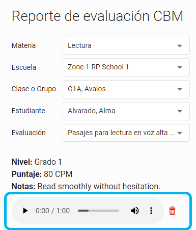 ejemplo de información sobre una grabación en el Reporte de evaluación