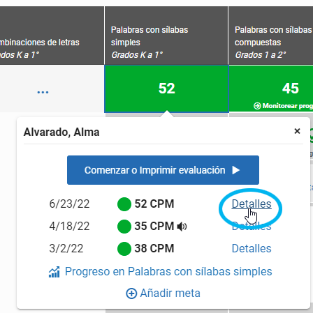 selecciona el puntaje de la evaluación, luego selecciona Detalles en la ventana emergente para conocer uno de los puntajes