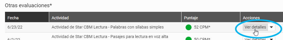 selecciona Ver detalles en la fila de la evaluación que quieres ver