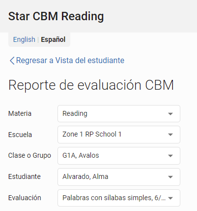 usa la lista desplegable para cambiar de clase, estudiante, escuela o evaluación