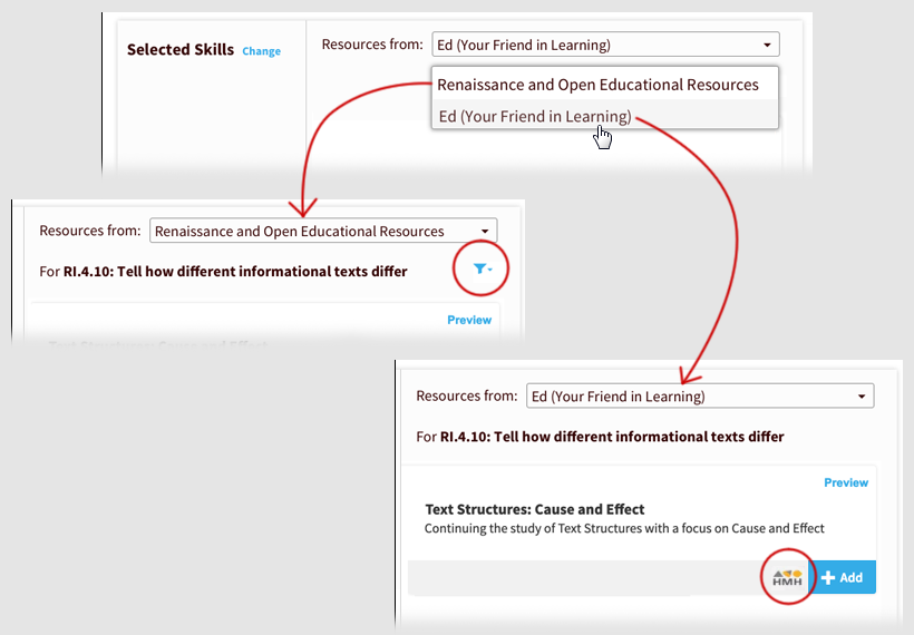 The effect of choosing two options in the 'Resources from' drop-down list. Selecting 'Renaissance and Open Educational Resources' makes the filters and keywords function as described earlier. Selecting 'Ed (Your Friend in Learning)' changes the list of available resources to Houghton Mifflin Harcourt resources only.