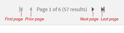 The navigation controls. The page you are on, the number of pages, and the number of results is shown in the middle. Arrows to skip to the first page and prior page are on the left; arrows to skip to the next page and last page are on the right.