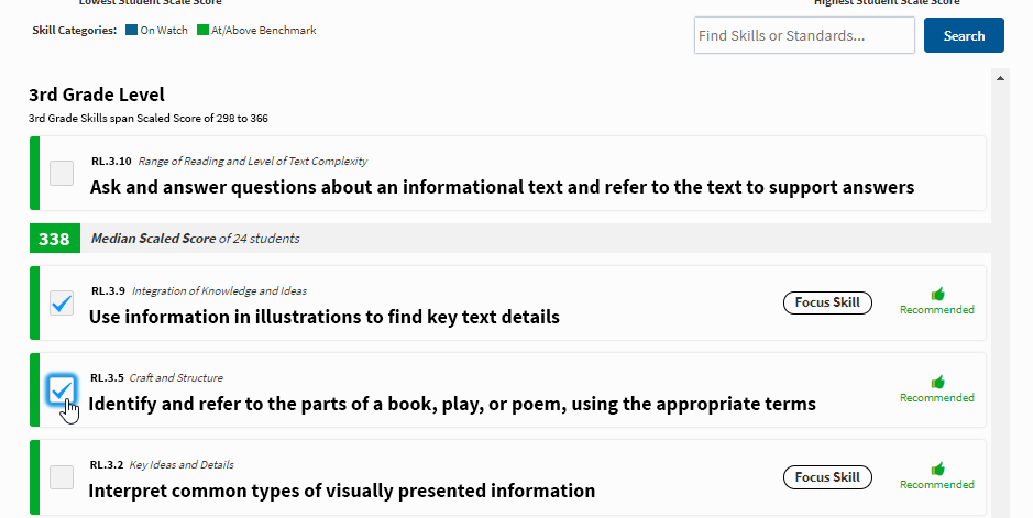 A list of skills that are in the At Above Benchmark category. These skills are recommended for a group of students whose median scaled score is 338; the score is placed within the list of skills.