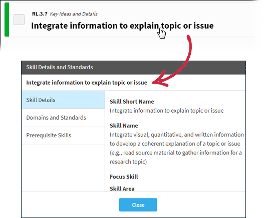 A detailed view of a skill, with tabs on the left to view skill details, domains and standards, and prerequisite skills.