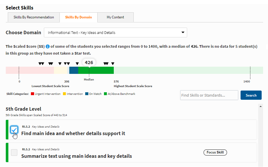 The Skills by Domain tab, with a single domain (Informational Text - Key Ideas and Details) selected. Each skill that is part of that domain is shown and has a black triangle above the benchmarks bar, indicating where the skill is in relation to the benchmarks.