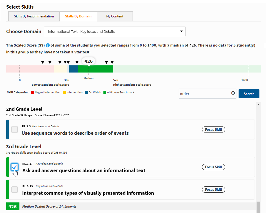 The results of a skill search, using 'order' as the search term. Each skill found in the search has a black triangle above the benchmarks bar, indicating where the skill is in relation to the benchmarks.