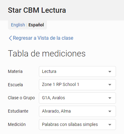 use las listas desplegables para cambiar la materia, la clase o el grupo, el estudiante o la medición