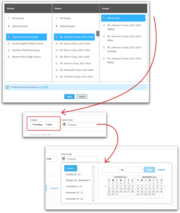 Three sequential steps: selecting students, selecting a subject, and choosing the week for the lesson plan.