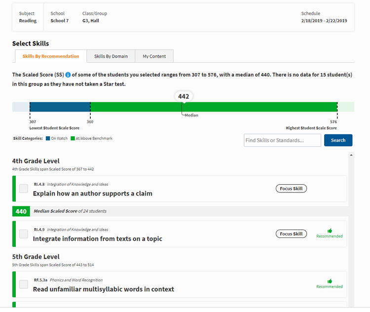 The Skills by Recommendation tab, with a list of skills to choose for the selected group of students.