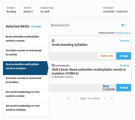 The list of selected skills, with any available resources for a skill shown on the right. The resources can be previewed and added to a lesson plan.