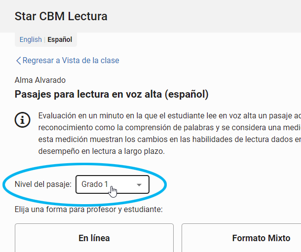 seleccione un nivel de grado para Pasajes para lectura en voz alta español