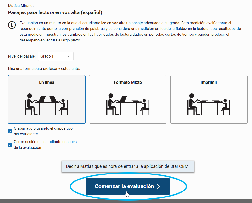 seleccione Comenzar la evaluación