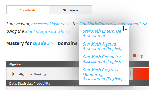 for math assessed mastery, choose the type of Star Math test to report on