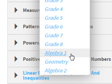 the algebra and geometry options in the grade drop-down list