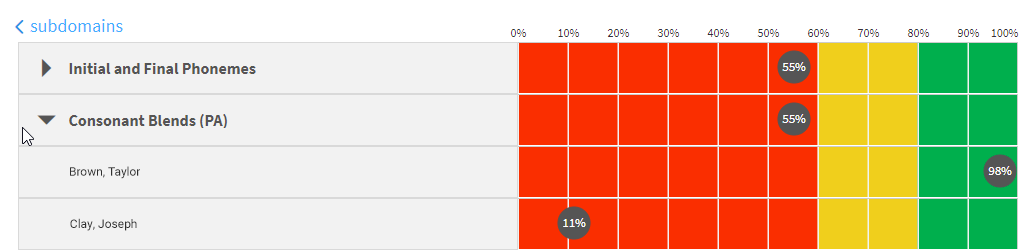 example of individual student scores for a subdomain