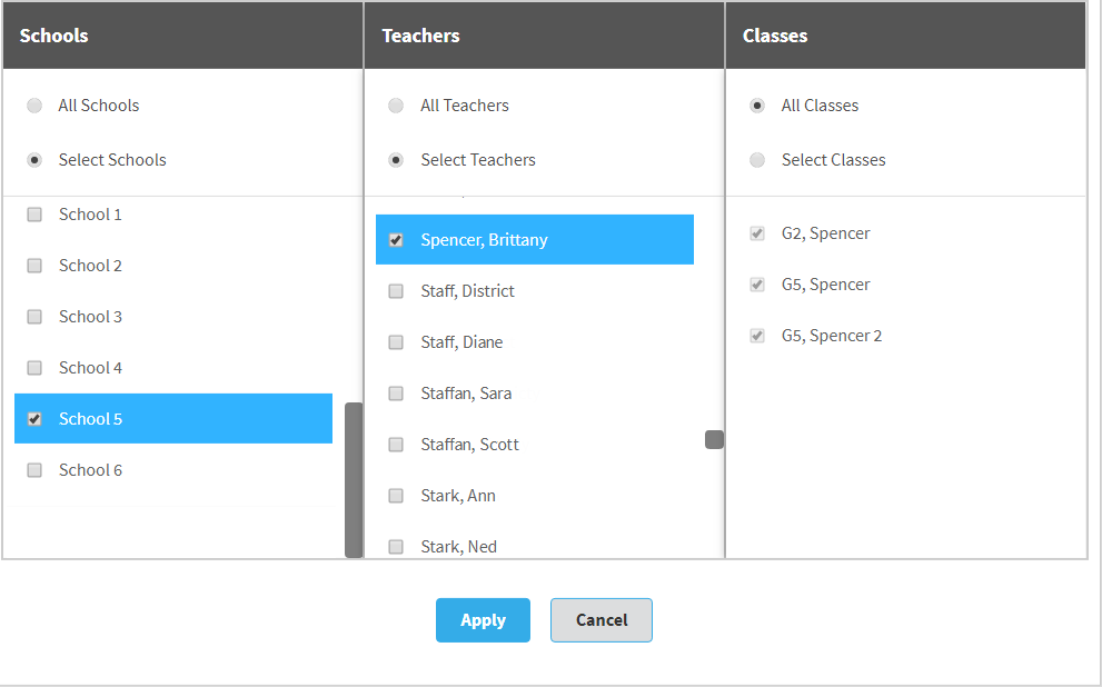 the selection window with the Schools, Teachers, and Classes columns