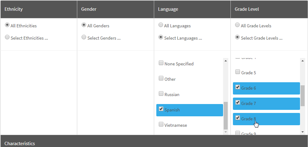 the demographics selection window with Spanish and grades 6-8 selected