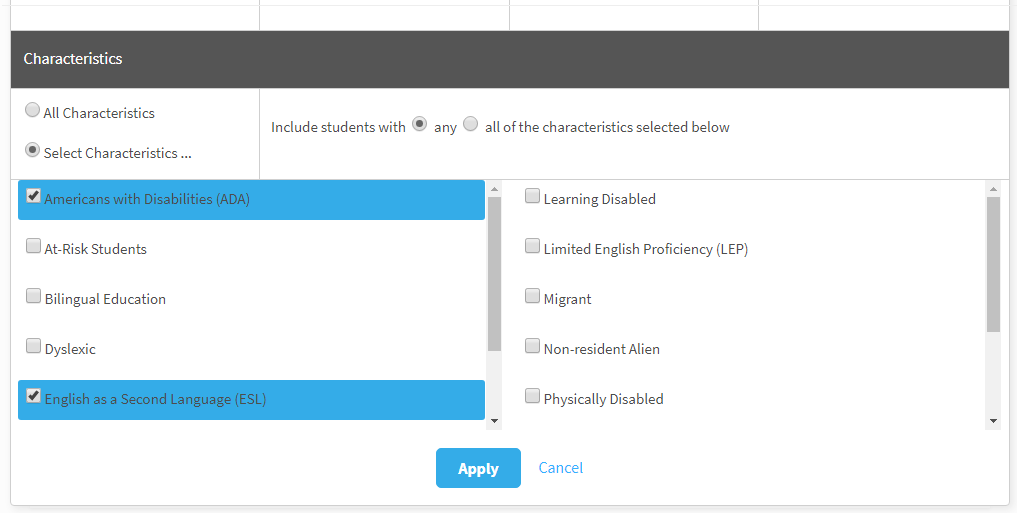 the window with ADA and ESL characteristics selected