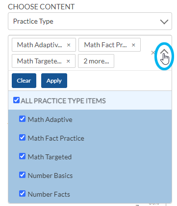 example with all math practice types selected