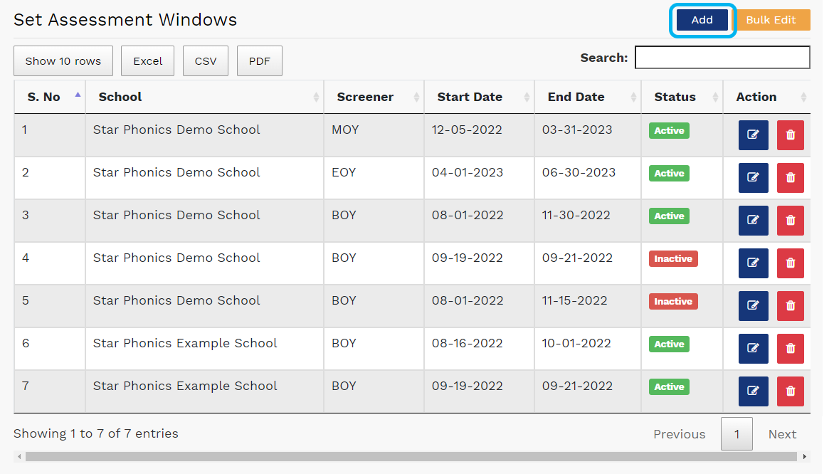 on the Set Assessment Windows page, select Add above the list and to the right