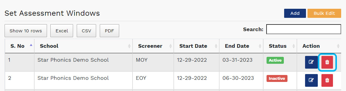 on the Set Assessment Windows page, select the delete icon under Actions in the row for the assessment window