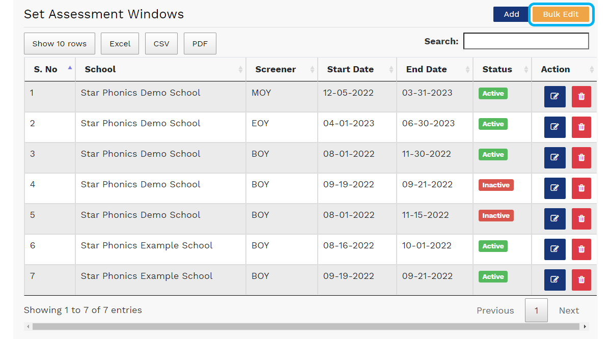 on the Set Assessment Windows page, select Bulk Edit above the list and to the right