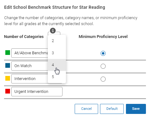 Making a selection from the Number of Categories drop-down list.